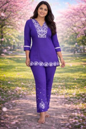 Royal Purple Embroidered Kurti Set